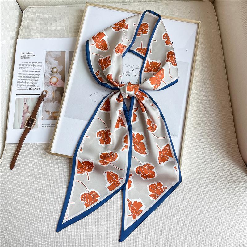 Printed Silk Scarf Korean Version Narrow Scarf Silk Scarf Double-layer Double-sided Scarf Long Scarf Tied Hair Elegant Headscarf Women Tied Bag Summer