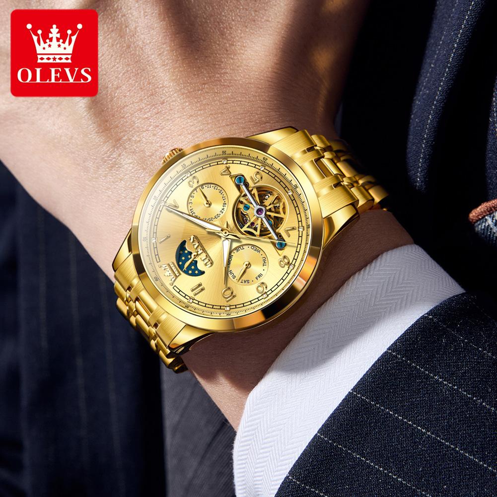 OLEVS Men's Watches Top Brand Luxury Original Automatic Mechanical Wristwatch for Man Moon Phase Date Week Flywheel Waterproof