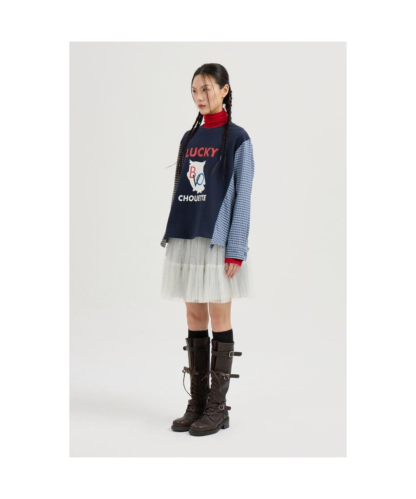 LUCKY CHOUETTE Checkered Sleeve Mix Long-Sleeved T-Shirt (Dark Navy) Lftas25195Nyd