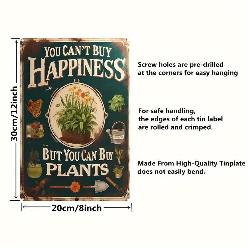 

Vintage Metal Wall Hanging Happiness Cant Be Bought But Plants Can with Floral and Garden Illustrations Rustic Blue 20x30cm（7.8x11.8inch）