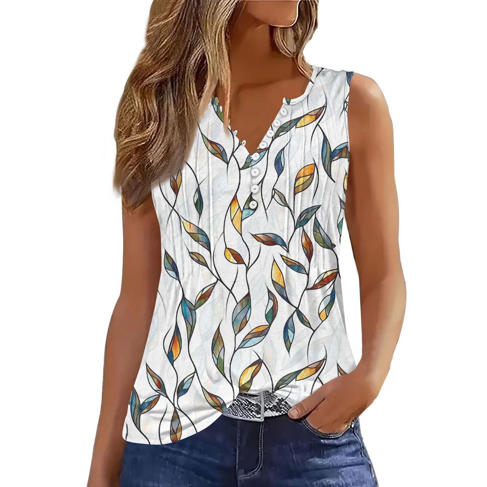 

Женская повседневная свободная плиссированная рубашка с цветами и растениями, футболка с V-образным вырезом и застежкой на пуговицы, безрукавка, топ XXXL белый
