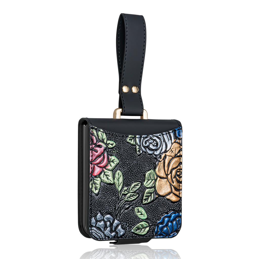 For Samsung Galaxy Z Flip7 5G Kickstand Case Flower Pattern Leather+PC Phone Cover with Back Film