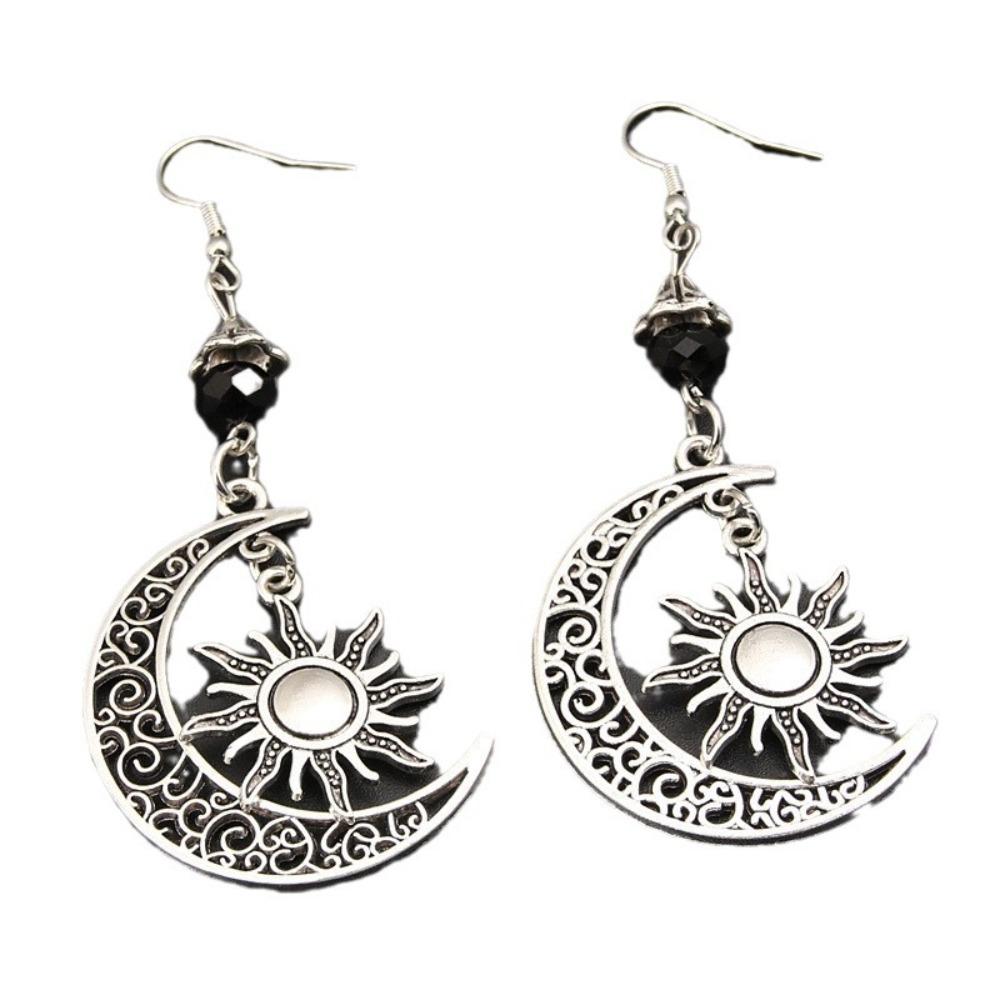 Bohemia Retro Silver Color Sun Hollowed-out Crescent Moon Five-pointed Star Pendant Dangle Earrings for Women Charm Jewelry Gift
