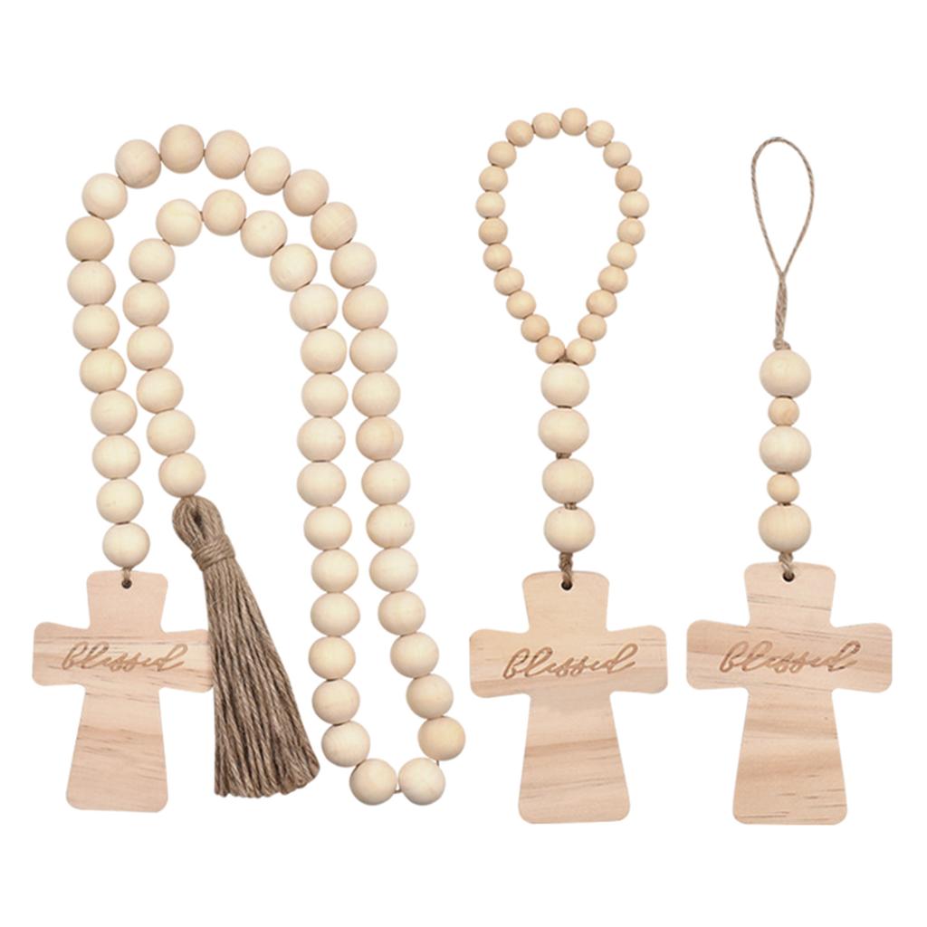 Cross Wood Bead Garlands with Tassels Decorative Ornament Household for Wedding New Year Festival Party Supplies