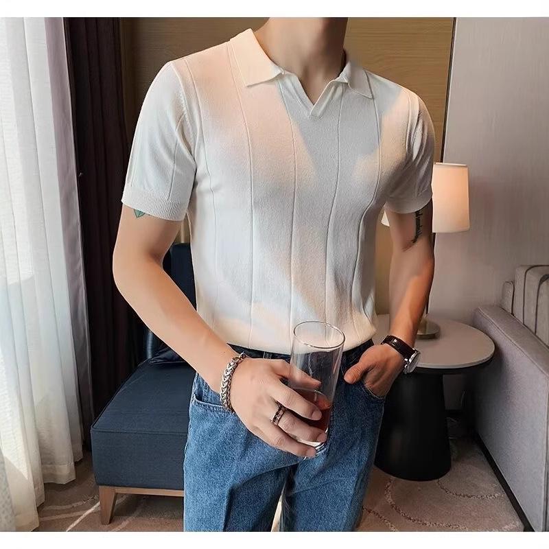 Men's Summer Striped Knit Polo Shirt – Short Sleeve, Slim Fit, V-Collar, Business Casual