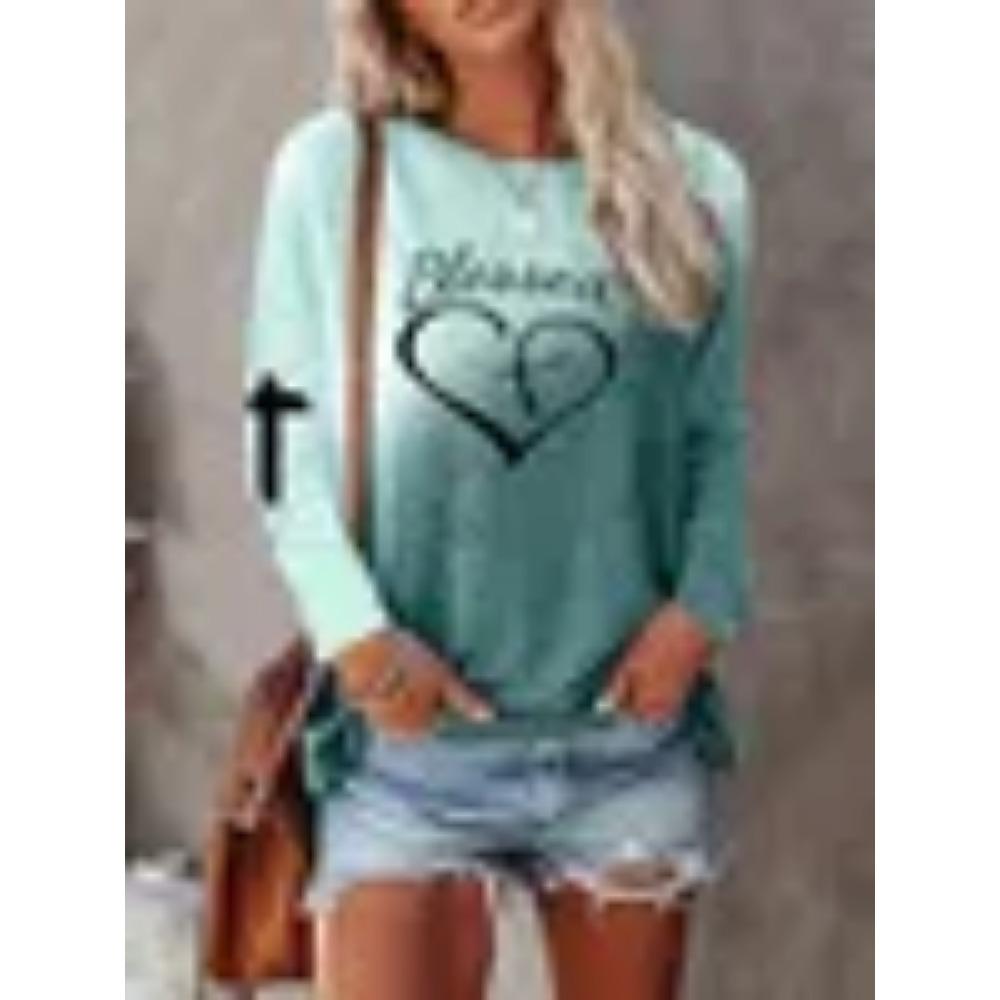 Women's Long Sleeved T-shirt with Heart-shaped and Striped Design, Round Neck All Season Top