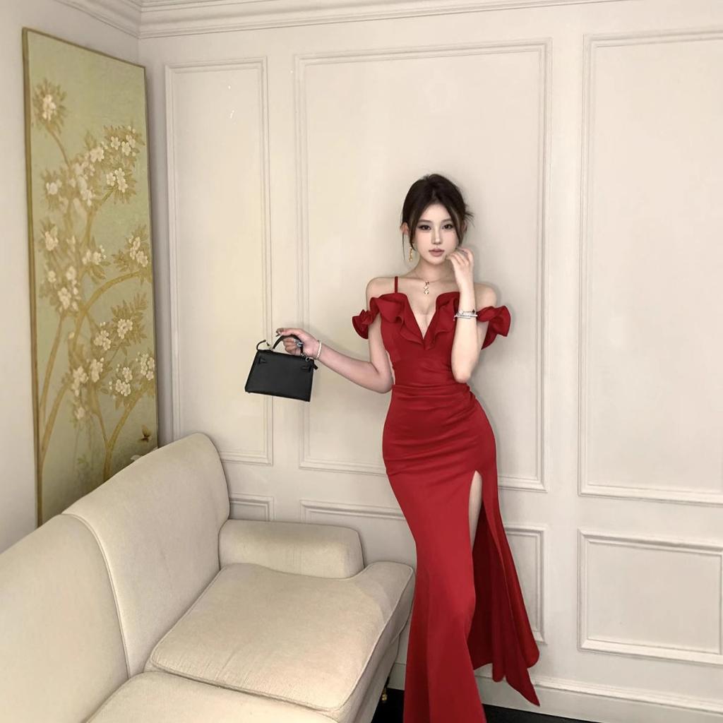 Nightclub Women's Clothing Sexy Deep V Low-cut Suspender Dress Temperament Thin Split-ended Evening Dress Sauna Technician Tooling