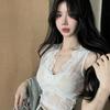 Cotton pit strip + lace, French pure desire style Spice Girl V-neck long-sleeved cardigan with lace stacked inside two-piece set