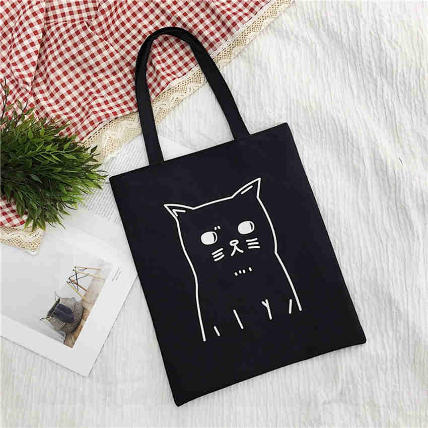 Ladies Canvas Handbags Cute Cat Pattern Shopping BagTravel Eco Reusable Shopper Bags