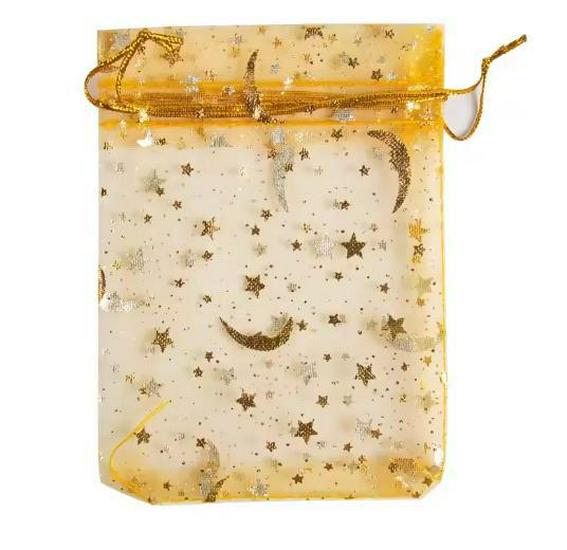 Transparent Organza Mesh Bag with Star & Moon Design, Drawstring Pouch for Jewelry or Candy Gift Packaging