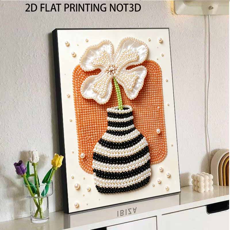 Easy DIY Framed Pearl Bead Painting Kit with Flower in Striped Vase 3D Sparkling Canvas Art for Home Decoration Gift Idea for Adults
