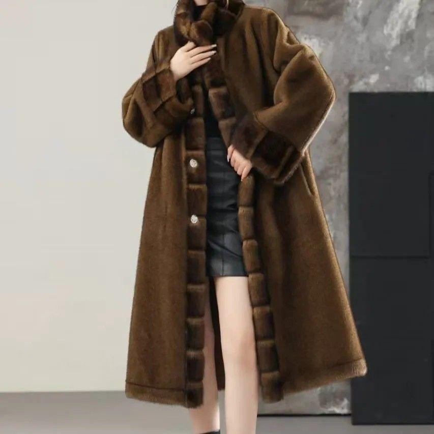 

Зимнее женское меховое пальто Толстое теплое пальто с воротником-стойкой Длинное меховое пальто M