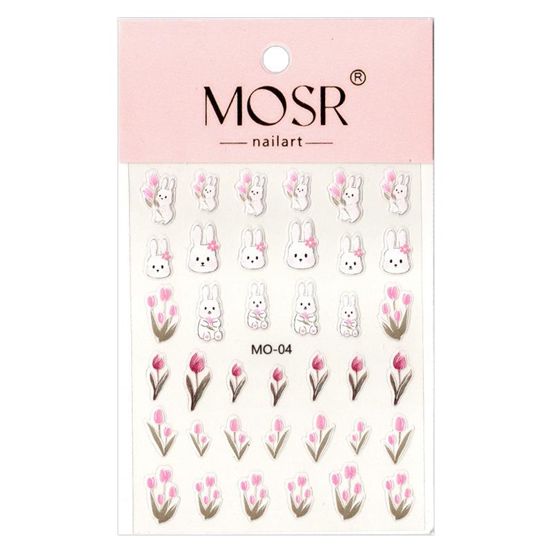 Gold Edge Tulip & Bunny Nail Decals with Hand-Painted Flower Outlines