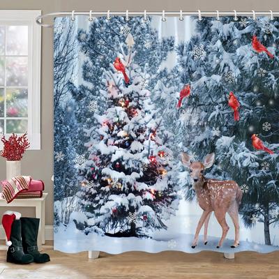 Christmas Theme Shower Curtain Winter Snow Christmas Tree Deer Rustic Wooden Panel Fabric Washable Shower Curtain Bathroom Decor
