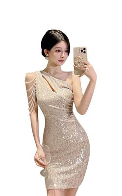KSLAT Mini Hostess Korean Fashion Sexy, Tight, Knee-Length, Off-the-Shoulder Dress, Women's, Sequined, Dress, Party, Club, (1 Beige)