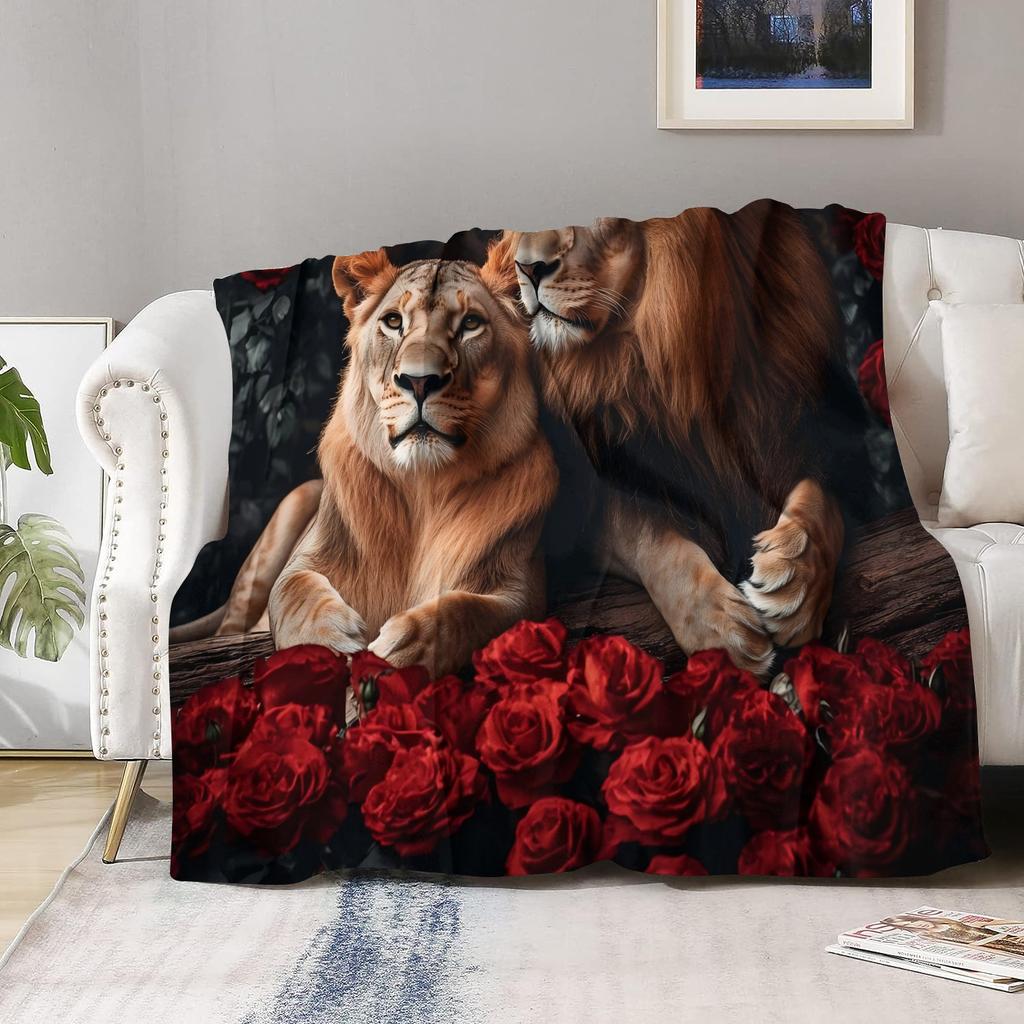Luxurious Lion Pattern Print Throw Blanket - Regal Animal Motif Soft Lightweight Accent for Sofa Bed Travel Office