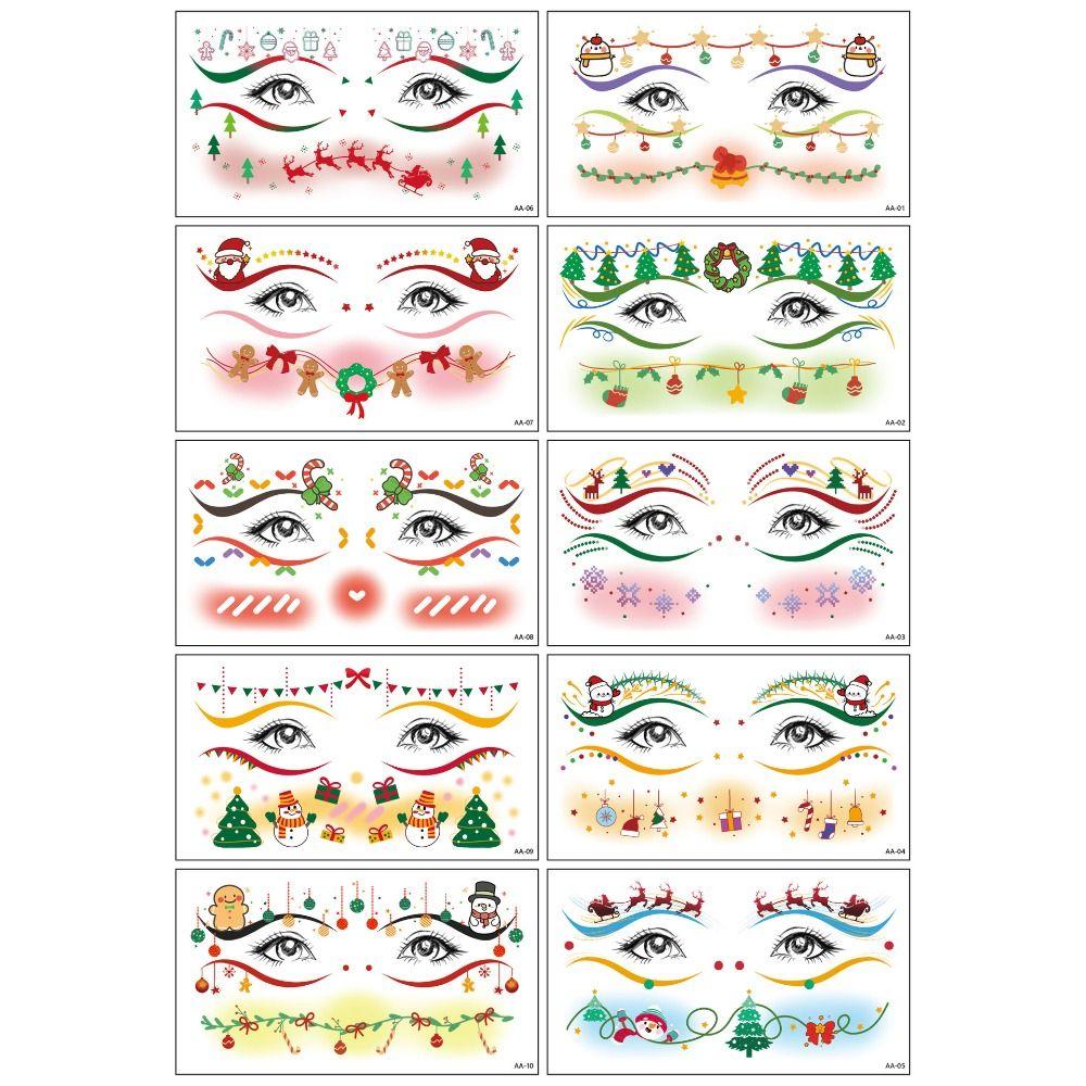10Pcs Santa Claus Christmas Face Tattoo Sticker Elk Face Art Xmas Party Face Decals DIY Waterproof Face Makeup Patch