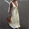 Spring New, Fashionable and Elegant V-neck Lace-up Solid Color Splicing Dress
