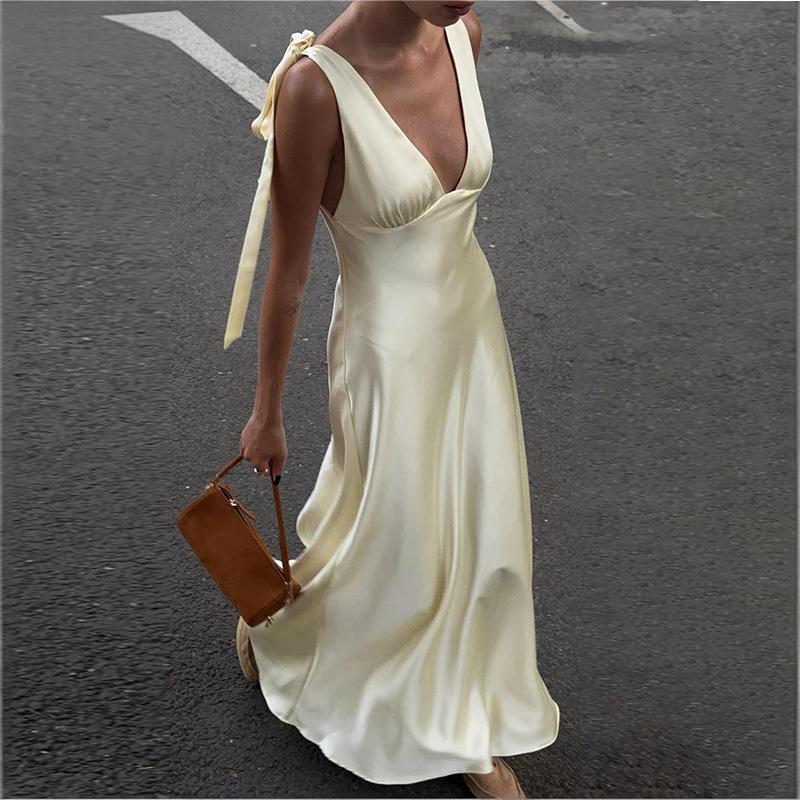 Spring New, Fashionable and Elegant V-neck Lace-up Solid Color Splicing Dress