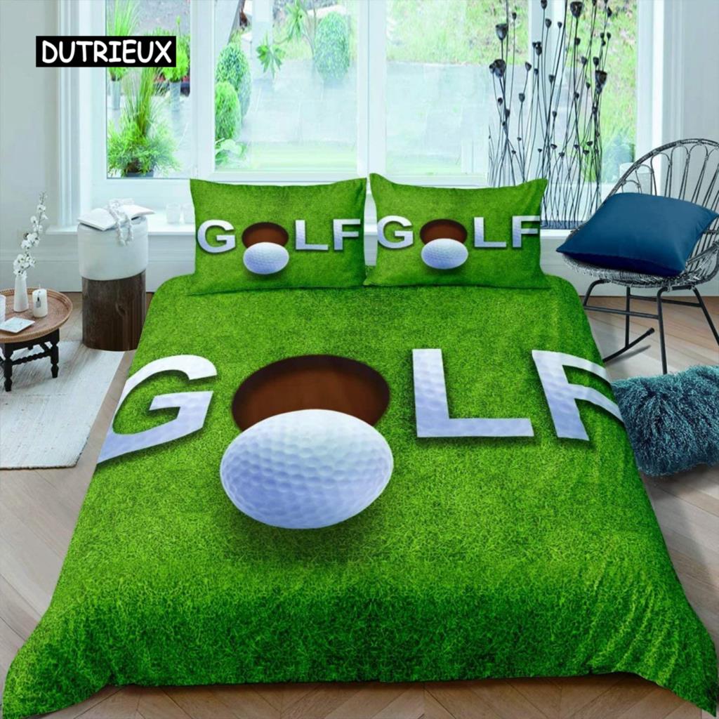 Golf Duvet Cover Set Golf Club Athlete Twin Bedding Set Microfiber Grass Leaf Branches Sports Game Theme Double King Quilt Cover