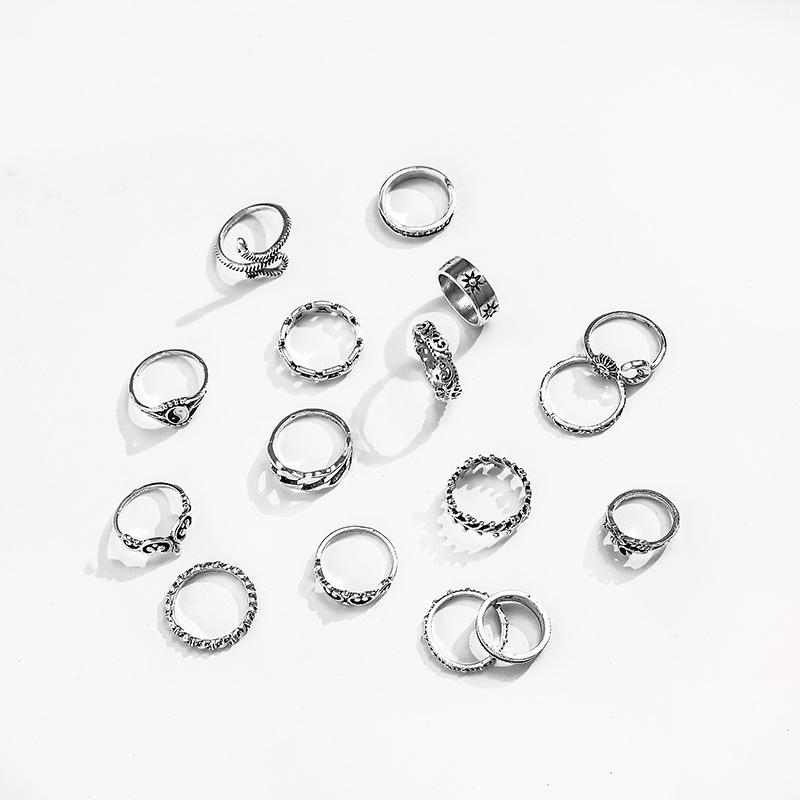Retro Alloy Snake Moon Sun Symbol 16-Piece Ring Set for Women
