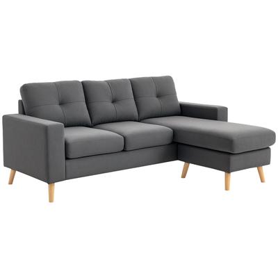 Corner Sofa In Scandi Design, with Button Tufting, Solid Wood, Linen Look, Grey