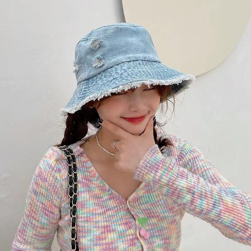 Vintage Denim Bucket Hat For Women Tassel Holes Panama Fisherman Cap Foldable Girl Outdoor Beach Fishing Basin Hats