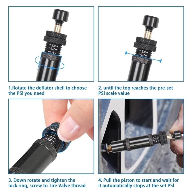 Screw On Auto Shut Off Tire Deflator set Adjustable Air Release Valves Tire Air Down Tool set for Offroad Vehicle Tires