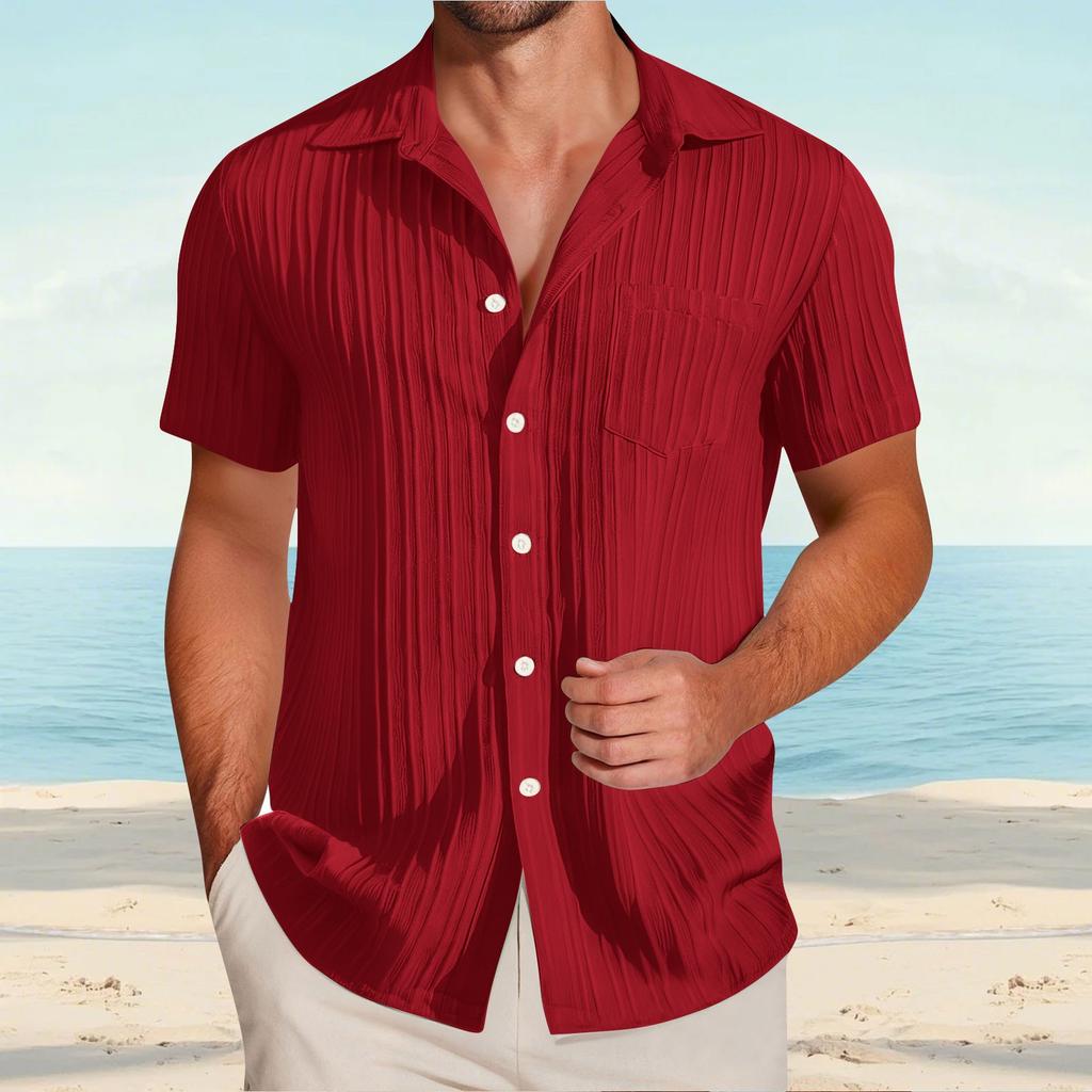 Men's Textured Casual Short-sleeved Shirt, Solid-color Loose Top With Pocket