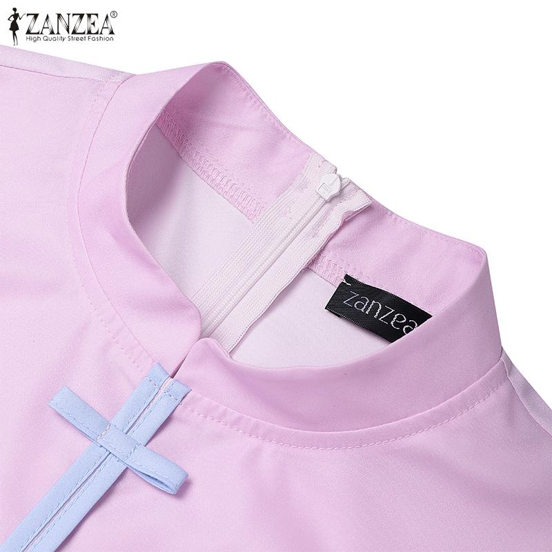 ZANZEA Women Summer Stand Collar Casual Short Sleeve Print Dress