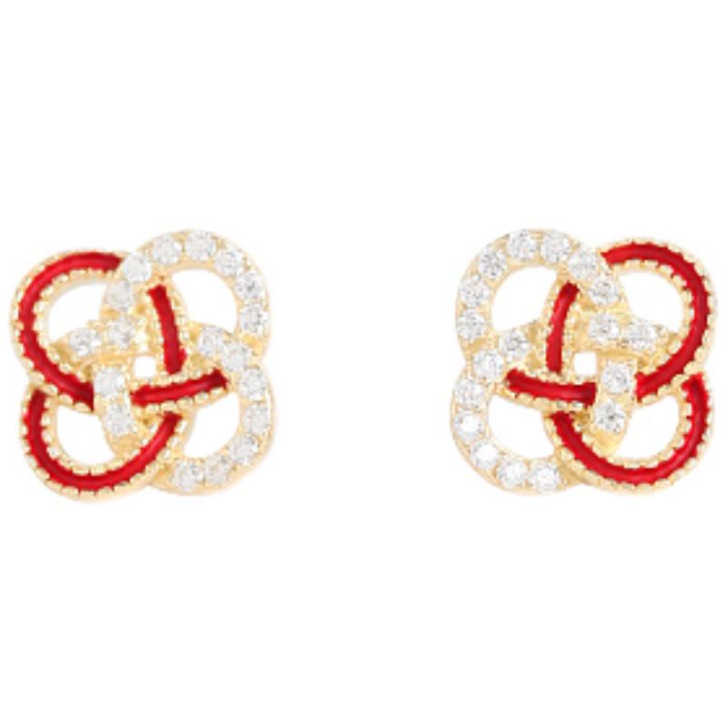 Cercei Stud cu Nod Chinezesc și Strass Roșu - Stil Antic Binecuvântare de Anul Nou, Design Mic și Versatil Rafinat
