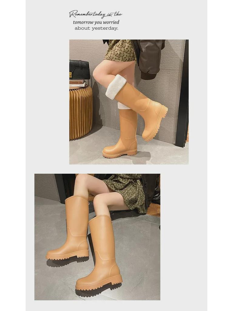 Stylish Women's Waterproof Non-Slip Long Rain Boots - Wear-Resistant Rubber with Warm Cotton Lining