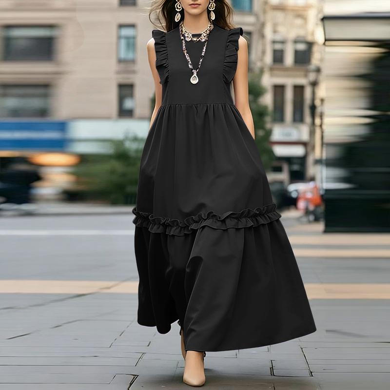 ZANZEA Women Casual Round Neck Sleeveless Long Dress S чёрный