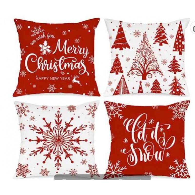 Set of 4 Trendy Christmas Pillow Covers 18x18 Red White Pillowcase Square Xmas Tree Snowflake Pattern Holiday Decor