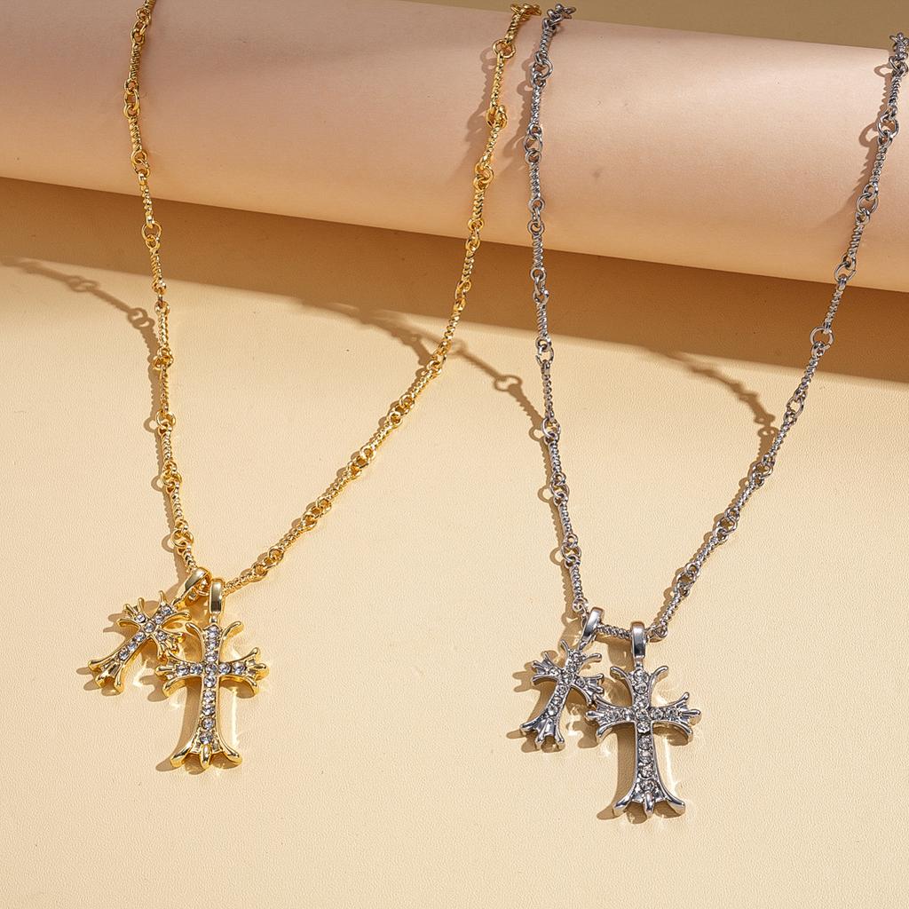 18k Real Gold Electroplated Diamond Set Double Cross Pendant Sweater Chain Necklace