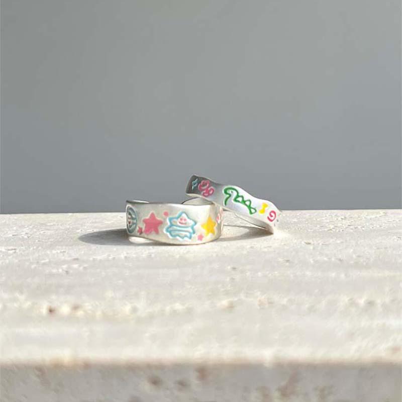 Painted Christmas Tree Graffiti Ring, Cute Dinosaur Design, Adjustable Women's Fashion Ring