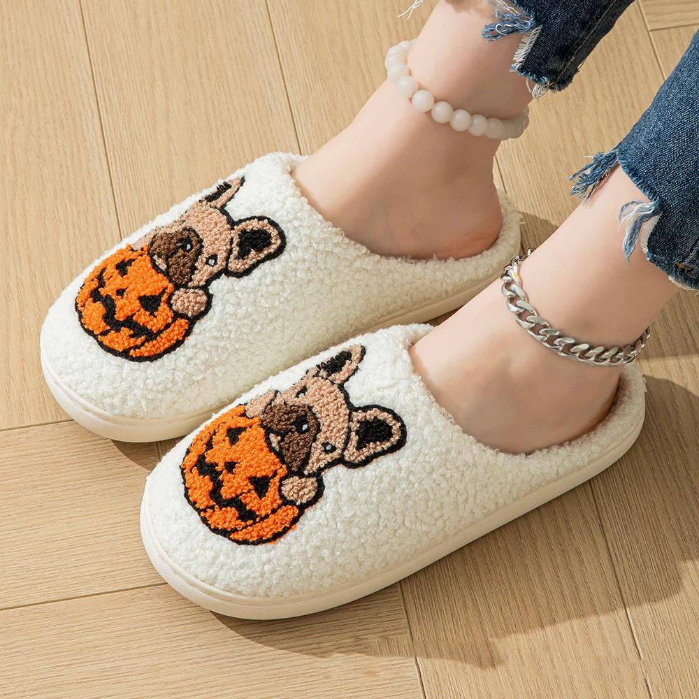 Fashion Cartoon Pumpkin Dog Women's Home Slippers Comfort Soft Sole Non Slip Indoor Shoes Woman Halloween Winter Warm Cotton Slippers