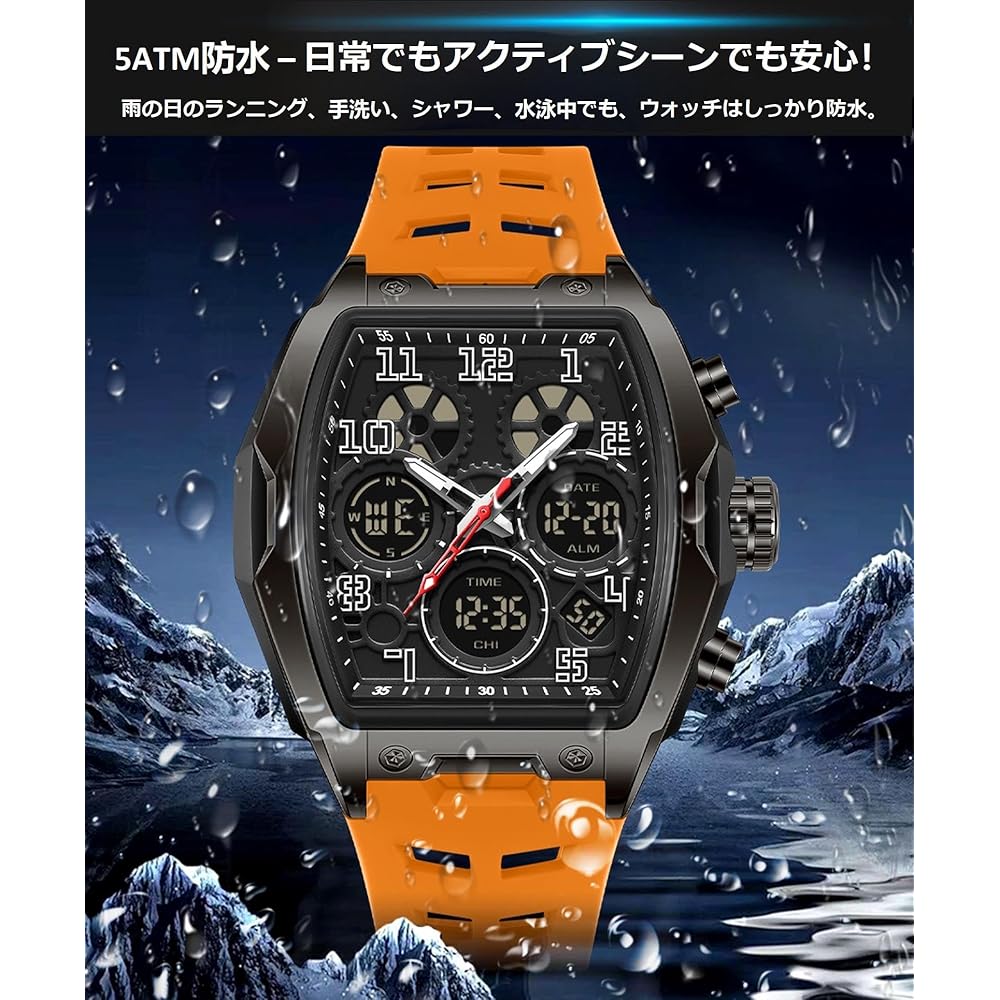 Men's Digital Analog Watch Multi-Function Countdown Stopwatch Alarm Waterproof Pilot Style Sports Watch Silver