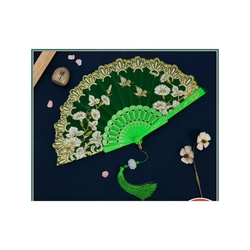 

1 шт., китайский старинный стиль, цветочный женский складной веер с кисточками и бахромой, веер для танцев ханьфу чонсам, реквизит для фотосъемки, летний ручной веер