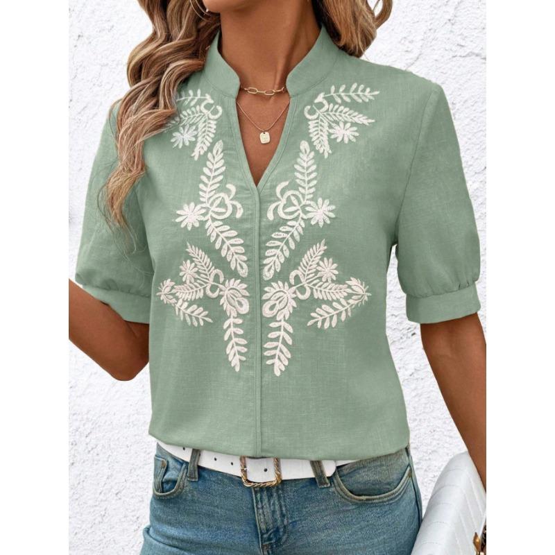 

Женская летняя новая модная блузка с V-образным вырезом, из чистого хлопка, с вышивкой, с коротким рукавом, в повседневном стиле M