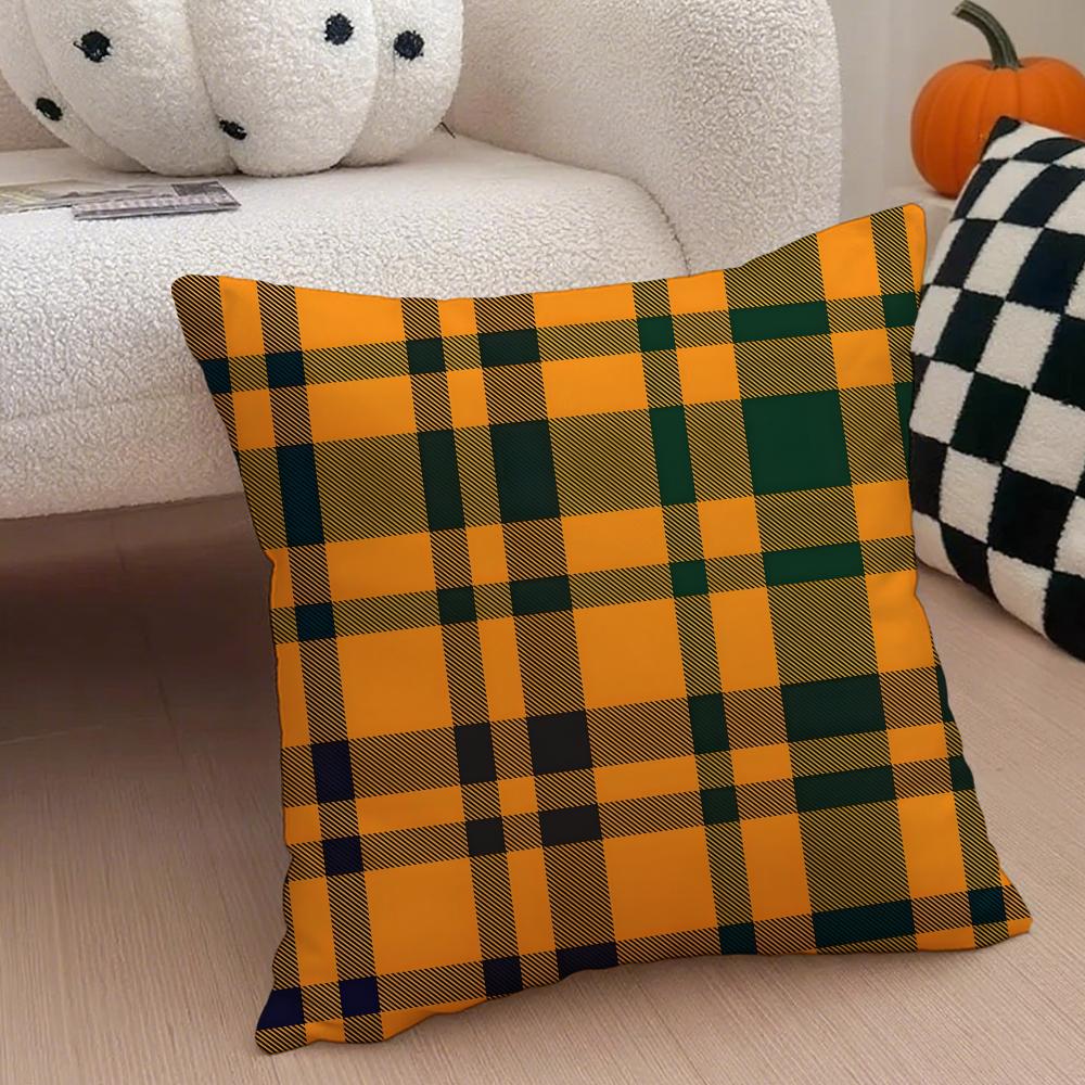

classical orange tartan design plaid Cushion Cover Throw Pillow Cover Hidden Button Durable Polyester Chair Cushion 30X30cm
