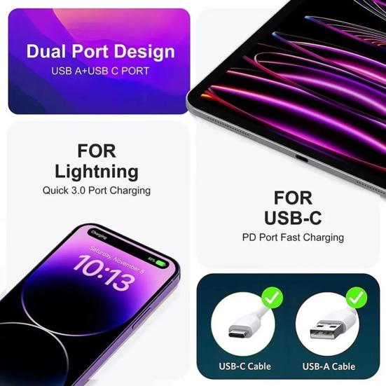 Multi Port PD Charger with 3 USB Ports Type C Compact Travel Charger Fast Charging Adapter
