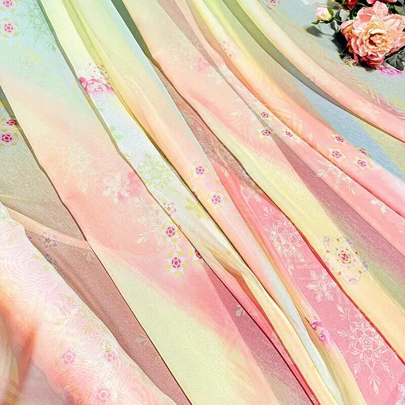 Gradient Color Chiffon Fabric Diy Rainbow Christmas Flowers Print for Hanfu Dress Skirt Shirt Sewing Cloth Sold By The Meter