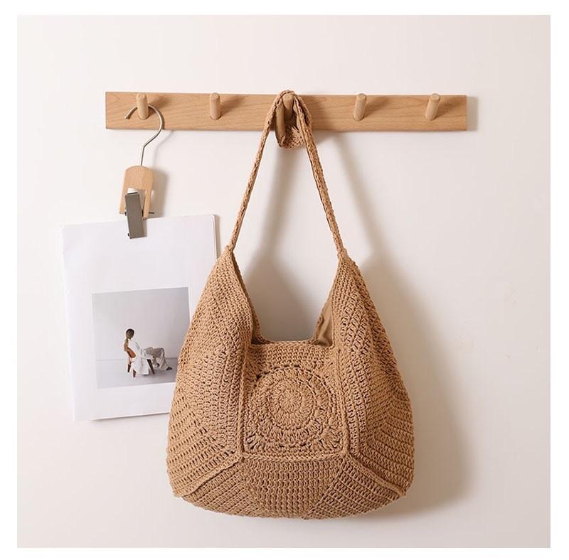 Korean Vintage Hollowed Handwoven Cotton Tote Bag With Magnetic Closure For Casual Outings