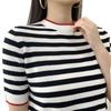 Crew Neck Knitted Striped Short-sleeved Summer New Age-reducing Meat Cover Loose Versatile Half-sleeved Bottoming Shirt Top