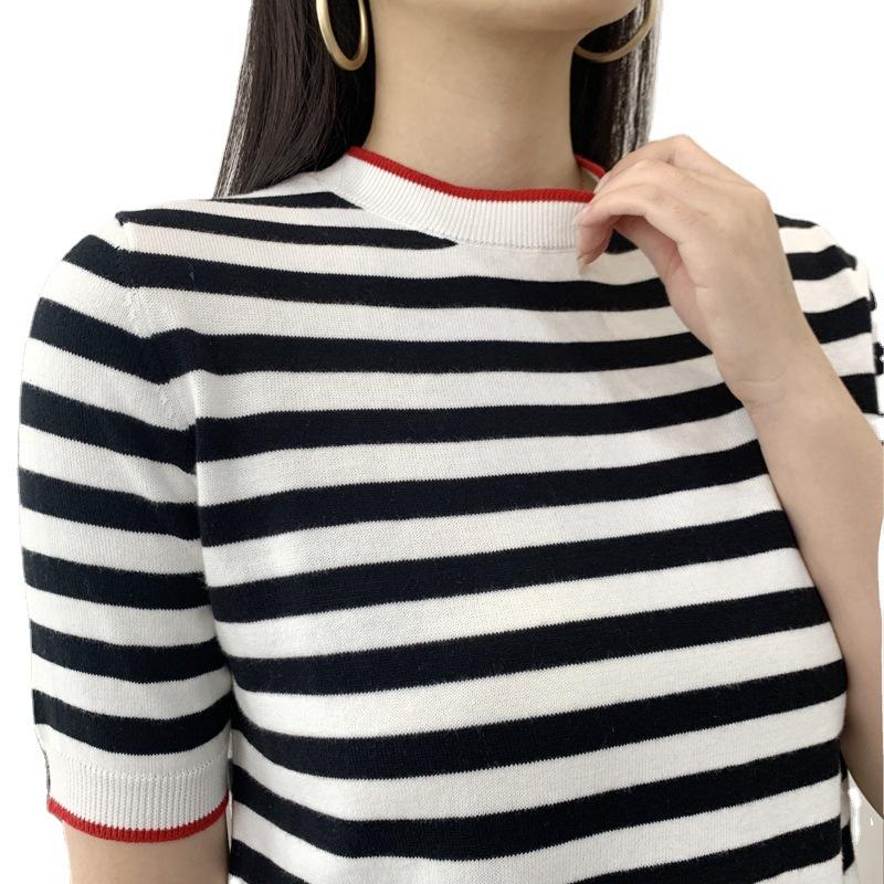 Crew Neck Knitted Striped Short-sleeved Summer New Age-reducing Meat Cover Loose Versatile Half-sleeved Bottoming Shirt Top