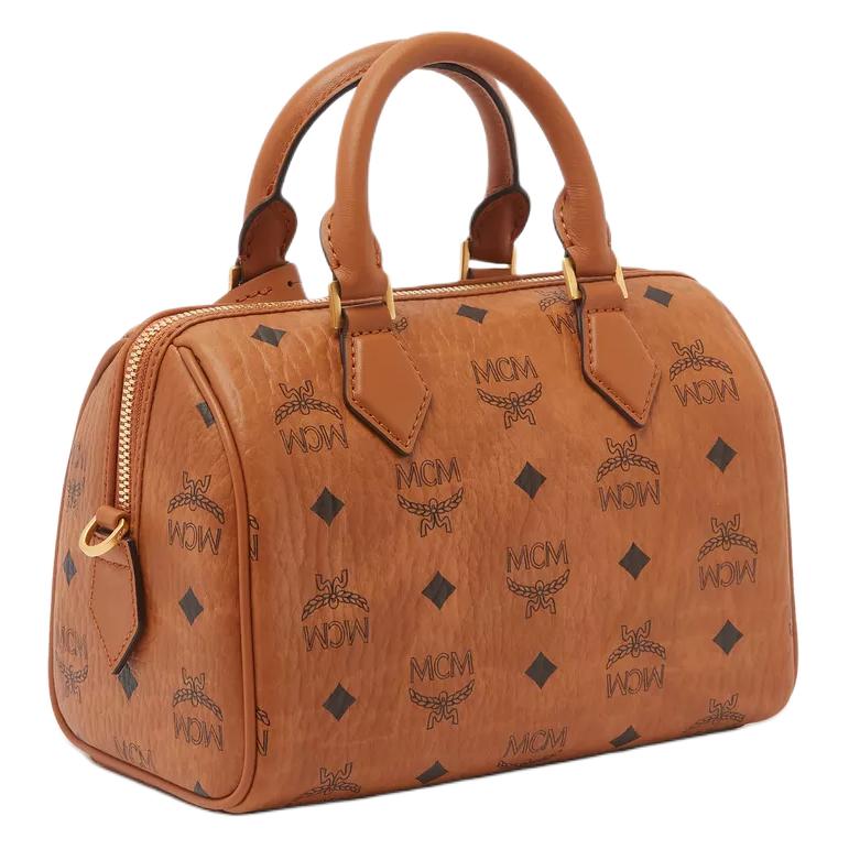 MCM Ella Silberfarbene Metallbeschläge Boston Tasche Schulter Crossbody Damen Handtaschen Cognac MWBFAEA03CO001