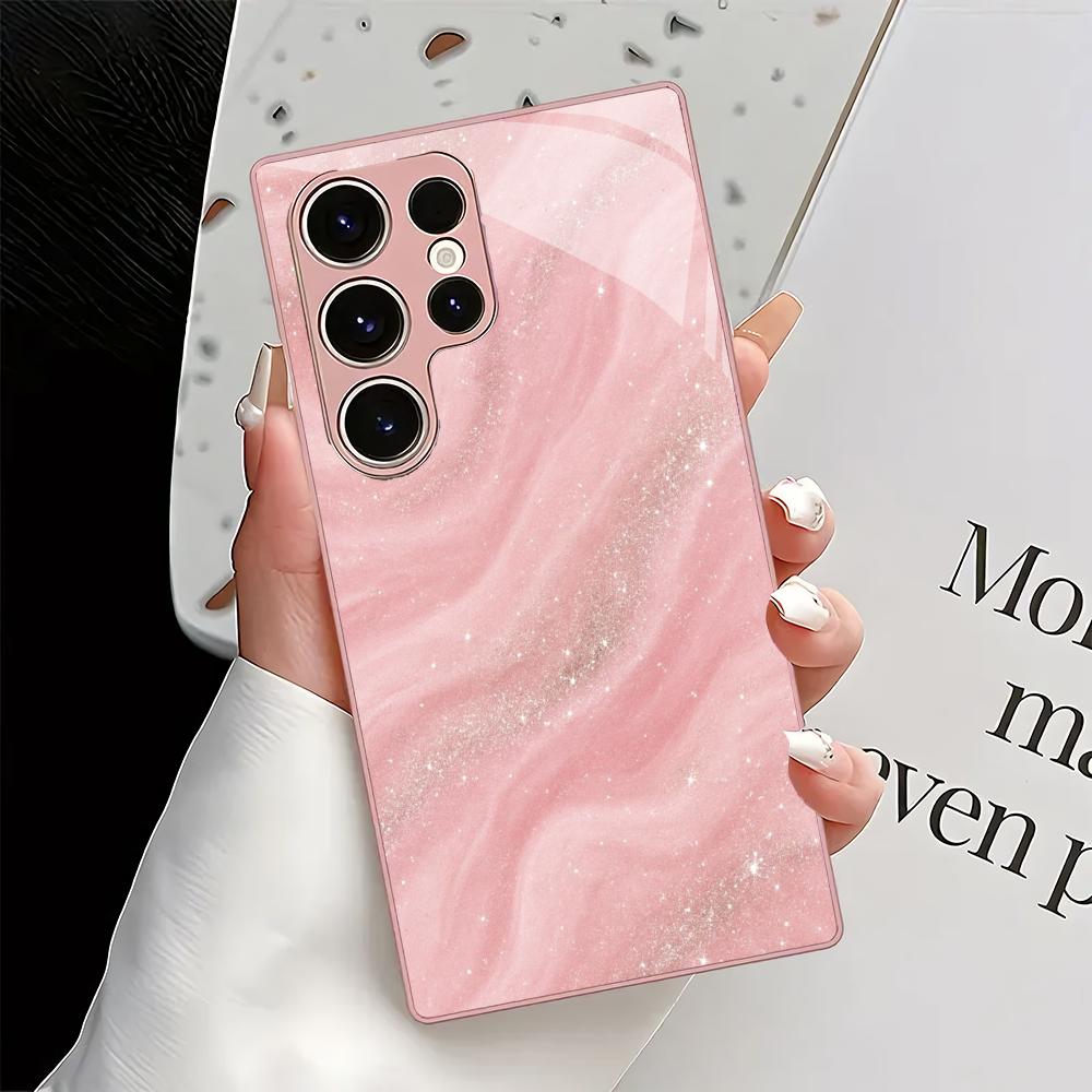 Shiny pink texture design glass phone case suitable for Samsung Galaxy S26 S25 S24 S23 S22 S21 S20 FE/Ultra/Plus shockproof
