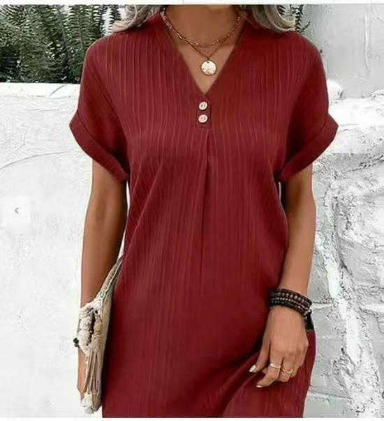 European & American Women's V-neck Solid Color Pullover Dress - 2023 Casual Fashion, Button Detail.