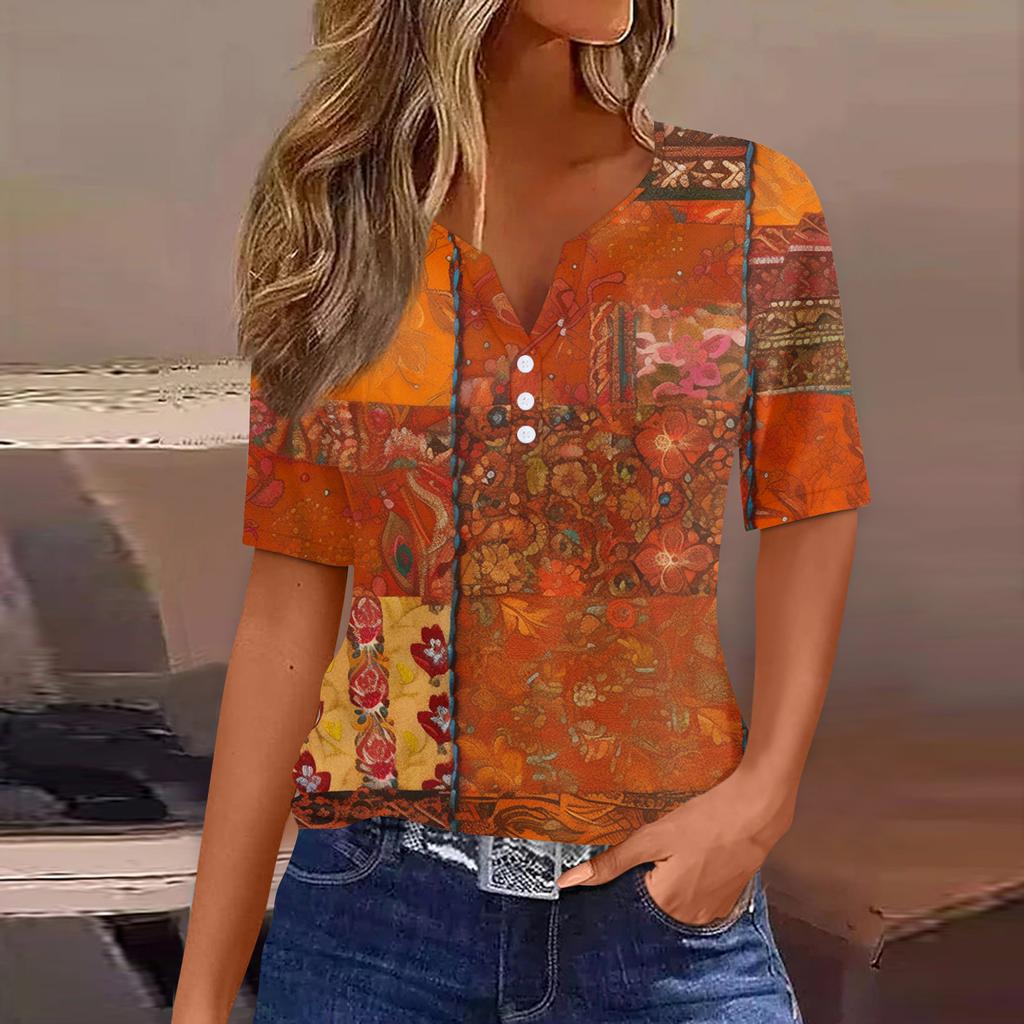 Women's T Shirt Print Button Short Sleeve Daily Weekend Fashion Basic V-Neck Regular Top